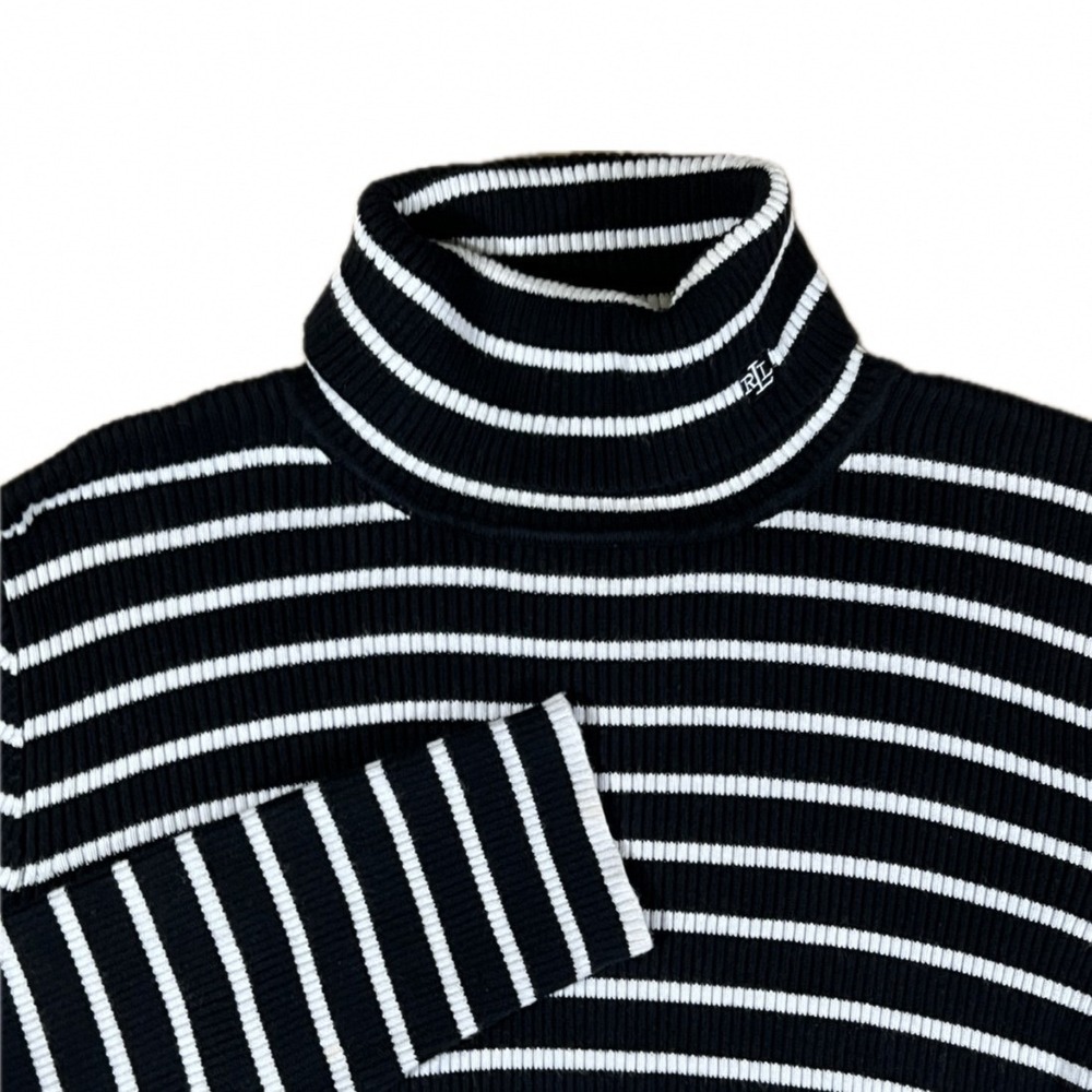 Lauren Ralph Lauren Striped Turtleneck Women XL Black White Ribbed Cotton Preppy